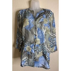Kathy Che Womens 10 Blouse Blue Floral Leopard Print 3/4 Sleeve Button Front Top